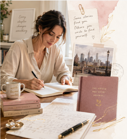 Mia Rosette writing at her desk